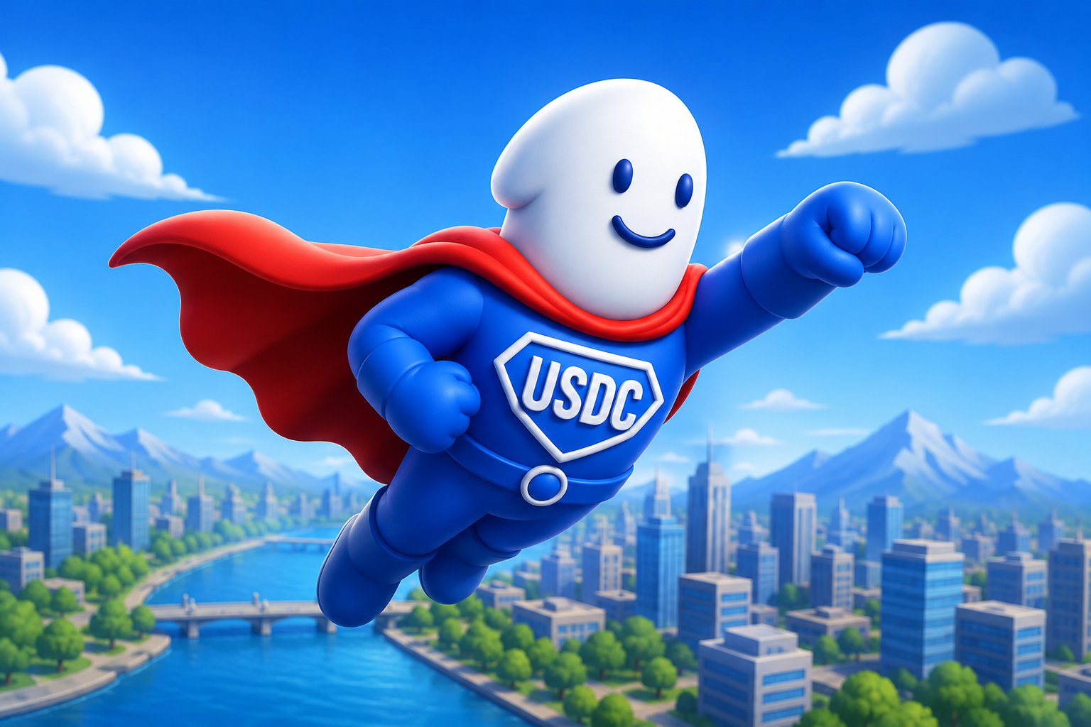 USDC hero flying over the city